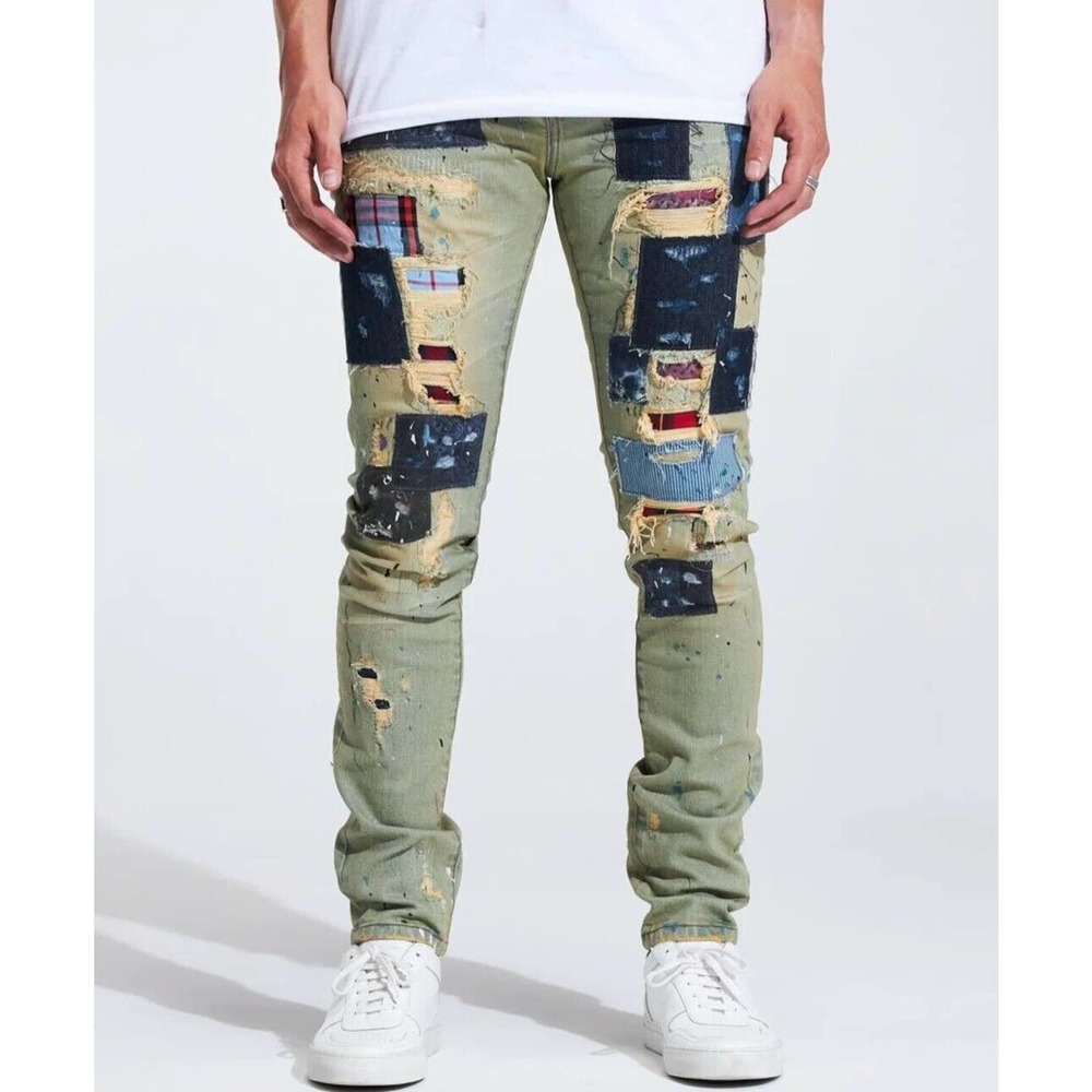 Embellish NYC Men's Rip & Repair Patchwork Distressed Skinny Fit Denim Jeans